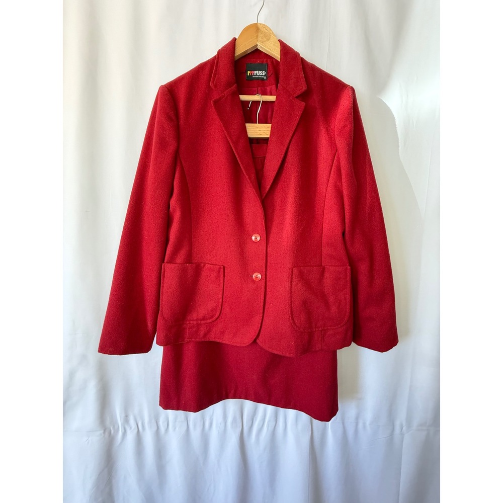 Vintage Russ Togs Red Skirt Suit Blazer Midi Pencil Skirt 2 Piece Set Womens